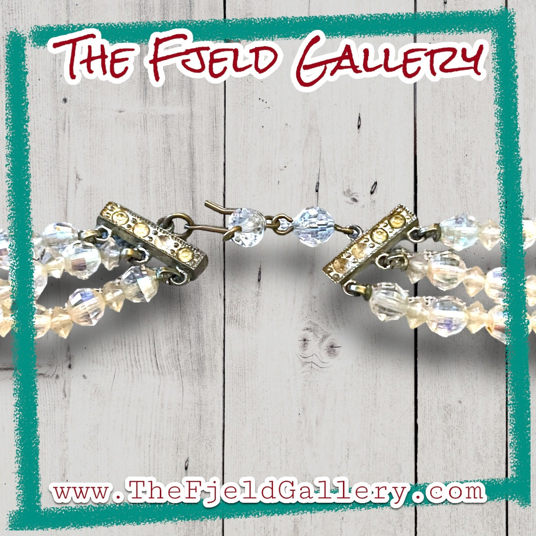 1950’s Hollywood Regency Aurora Borealis Crystal 3 Strand Necklace & Earring Set