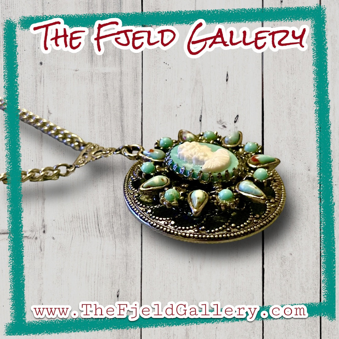 Turquoise Blue Hubble Glass Cameo Silver Filigree Necklace