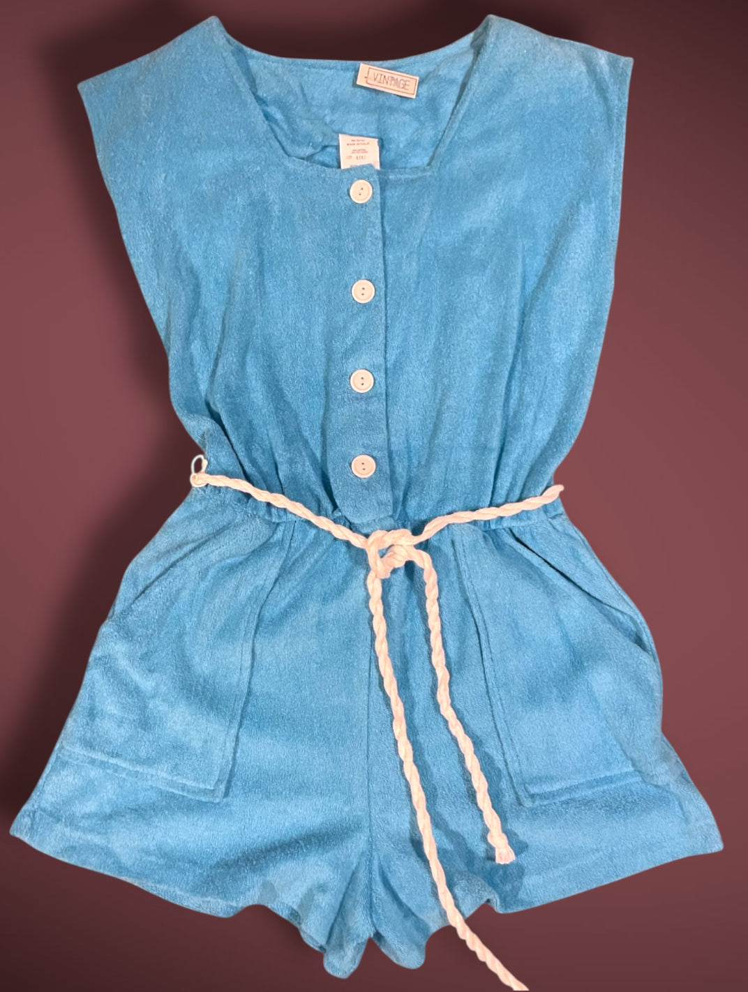 Vintage 1990’s Purple Terrycloth Button Up Jumpsuit Romper w/ Pockets