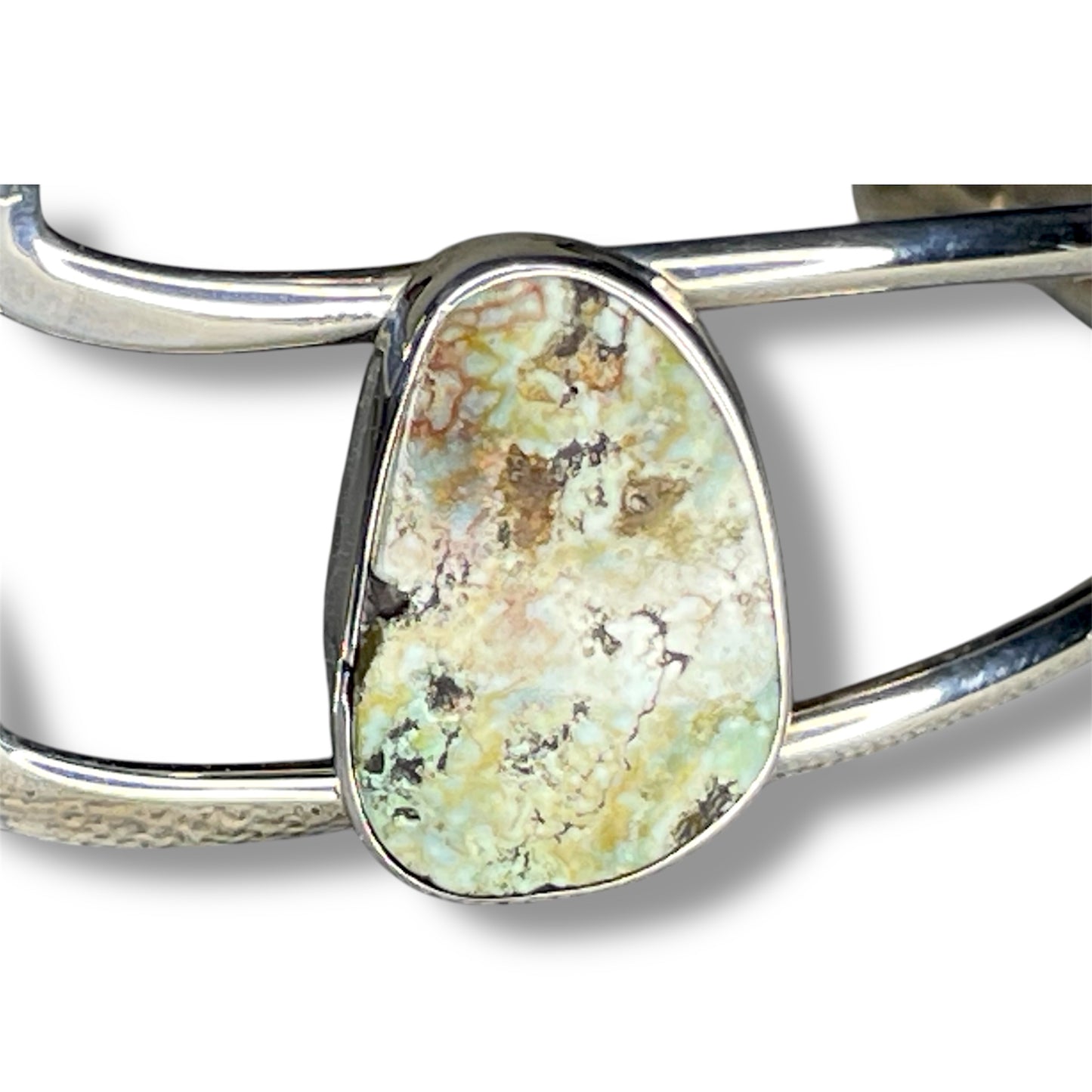 Abstract Offset Buffalo Light White Turquoise Sterling Silver Cuff Bracelet