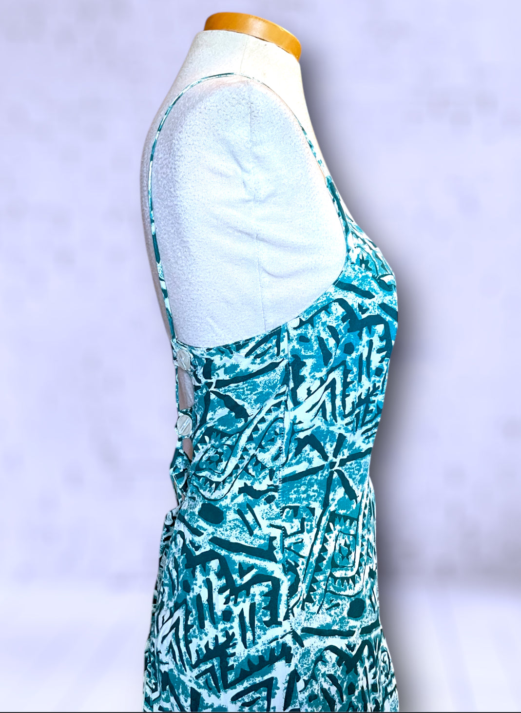 Vintage Turquoise, Teal Blue & White Patterned Low Tie Back Tank Jumpsuit