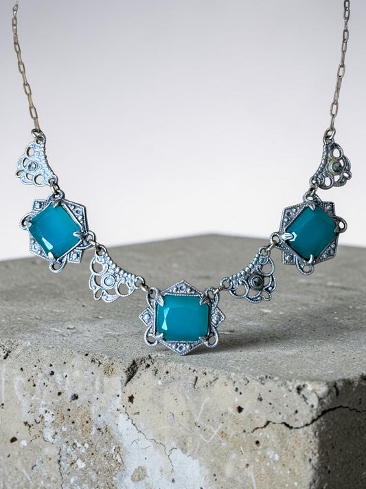 Art Deco Rhodium Silver Plated Brass Chrysoprase & Marcasite Filigree Necklace