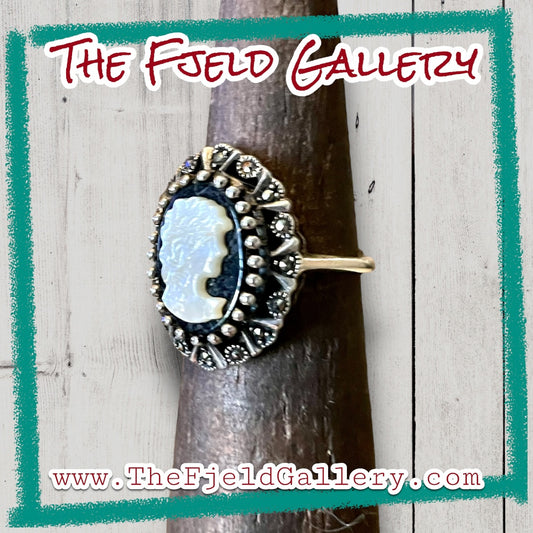 Art Deco Onyx & Mother of Pearl Cameo Sterling Silver & Marcasite Ring