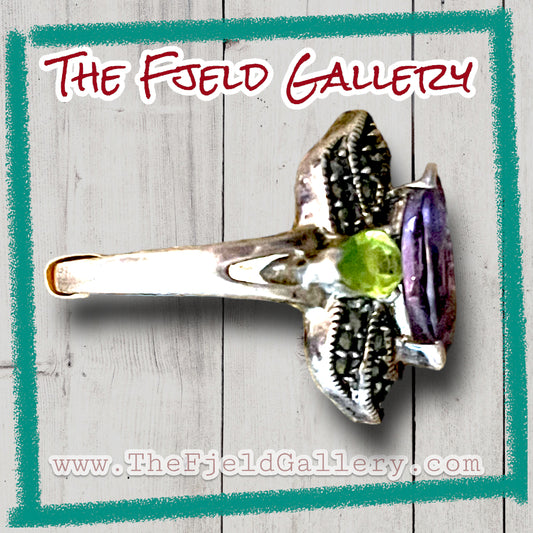 Amethyst & Peridot Sterling Silver & Marcasite Art Deco Ring