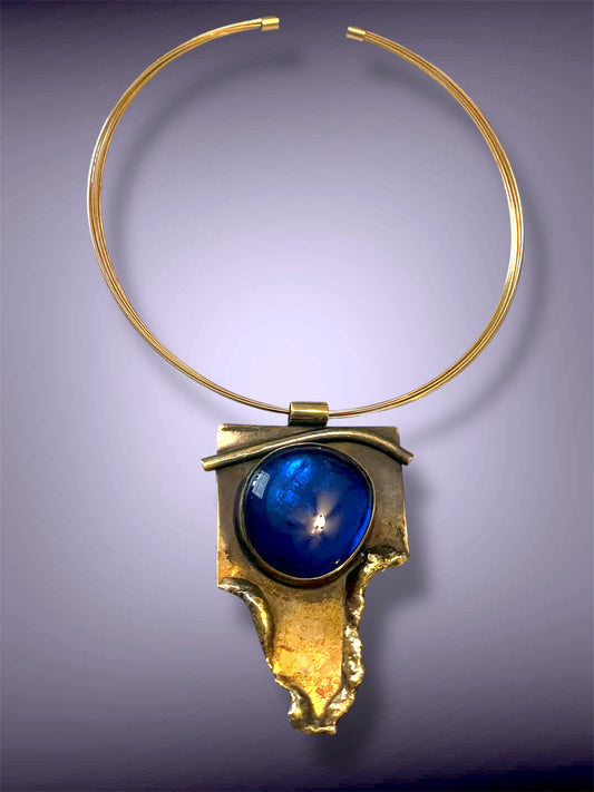 Antique Brass Brutalist Sapphire Blue Foil Art Glass Choker Necklace