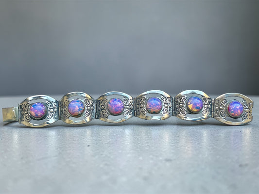 Sterling Pink Dragons Breath Fire Opal Foil Art Glass Taxco Mexico Bracelet