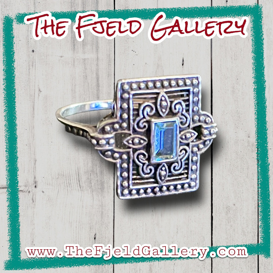 Victorian Aquamarine Square Filigree Open Work Sterling Ring