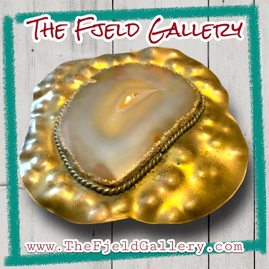 Vintage 1970’s Large Brass Agate Gemstone Slice Belt Buckle