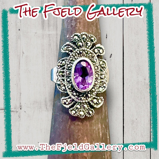 Amethyst & Marcasite Art Deco Vintage Sterling Silver Ring