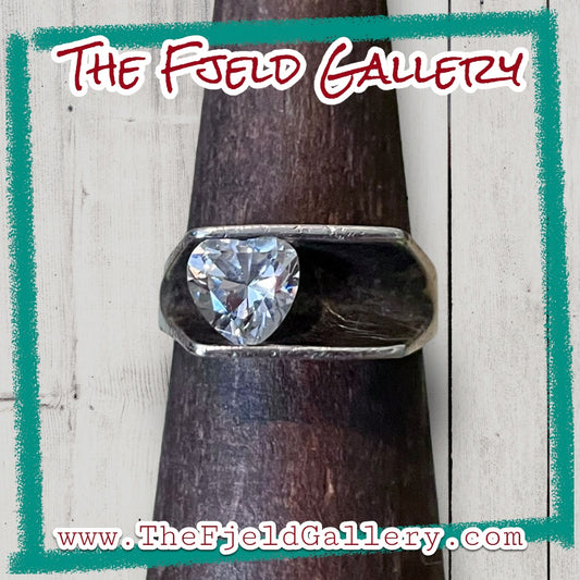 Modernist Zircon Faceted Heart Set in Double Wall Sterling Silver Setting Ring