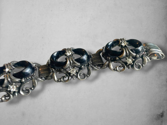 Victorian Booklink Chain Black Crescent Moon Crystal Panel Bracelet