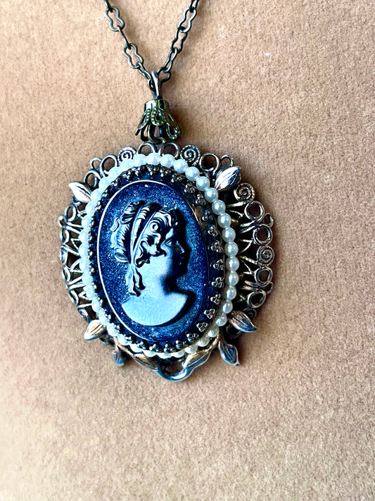West German Brass Filigree Small Black Mirror Art Glass Hematite Cameo & Pearl Necklace