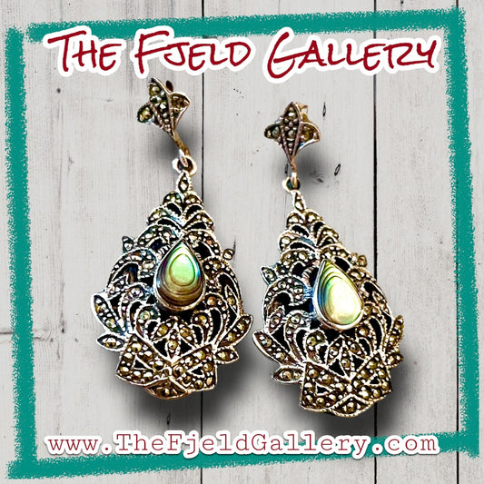 Art Deco Abalone & Marcasite Vintage Sterling Silver Dangle Earrings