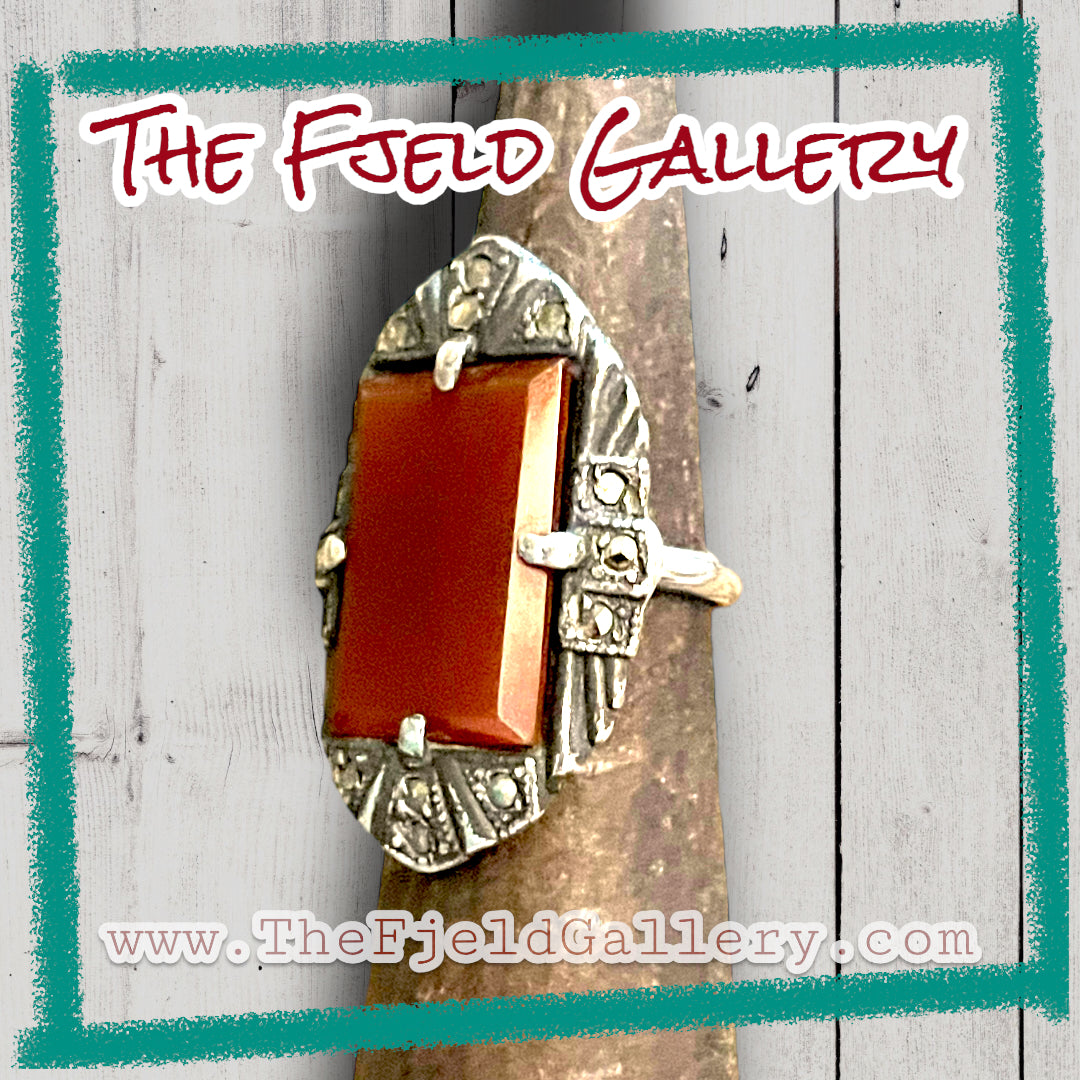 Carnelian Orange Red Art Deco Sterling Silver & Marcasite Ring