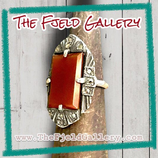 Carnelian Orange Red Art Deco Sterling Silver & Marcasite Ring