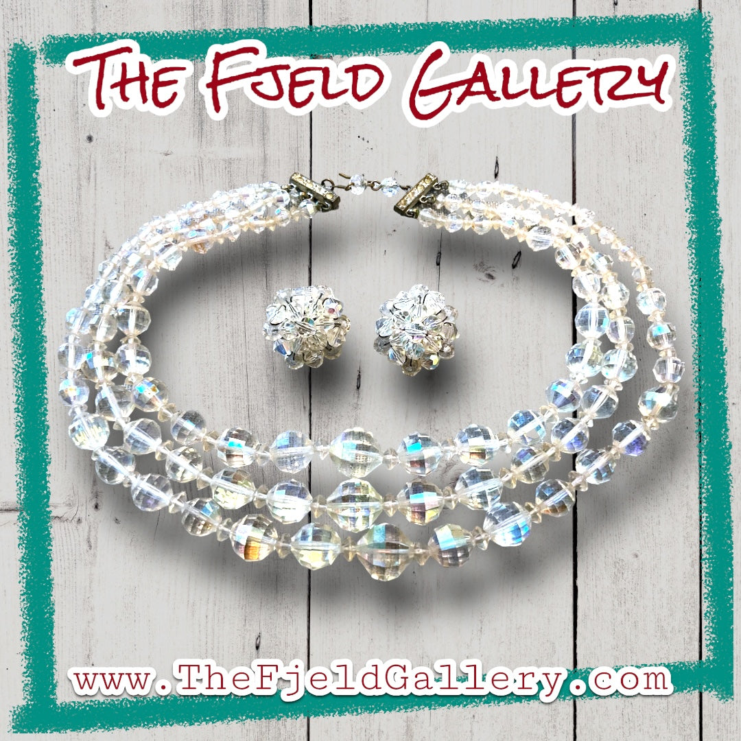 1950’s Hollywood Regency Aurora Borealis Crystal 3 Strand Necklace & Earring Set