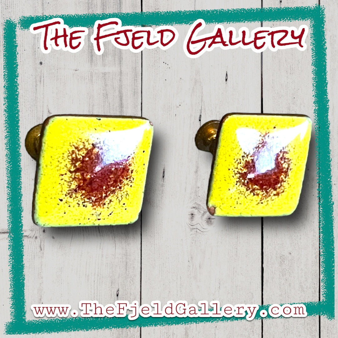 Vintage Square Copper Yellow & Pink Enameled Screwback Earrings