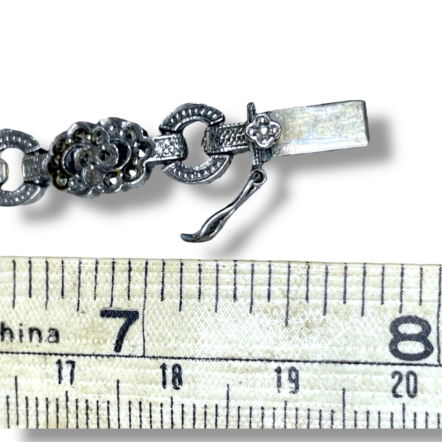Vintage Sterling Silver & Marcasite Floral Geometric Link Bracelet