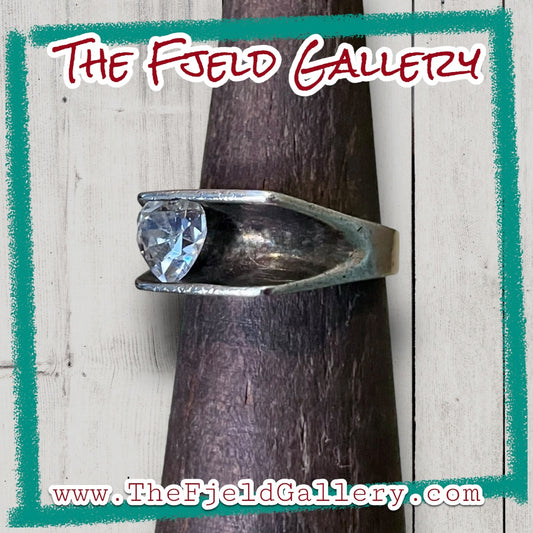 Modernist Zircon Faceted Heart Set in Double Wall Sterling Silver Setting Ring