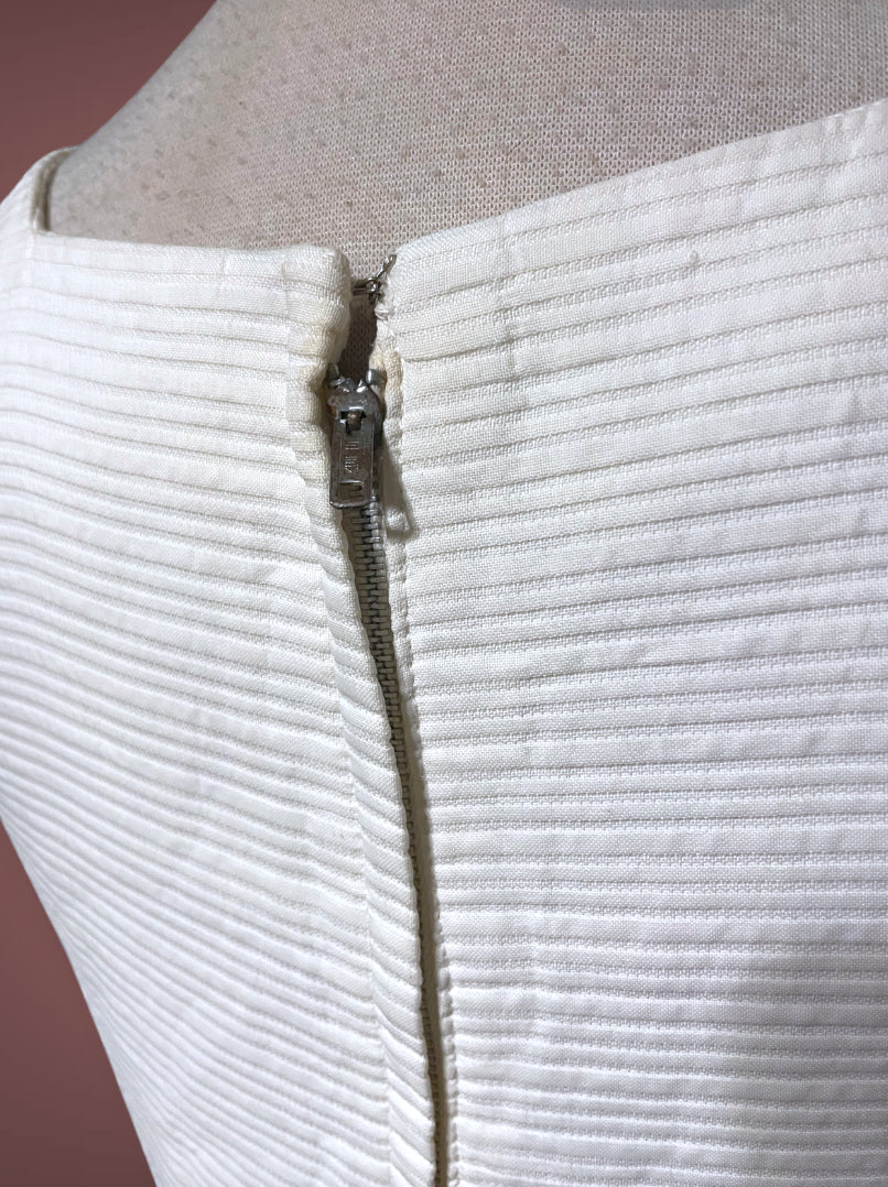 1960’s White Ribbed Texture Square Neck Pockets Sheath Dress