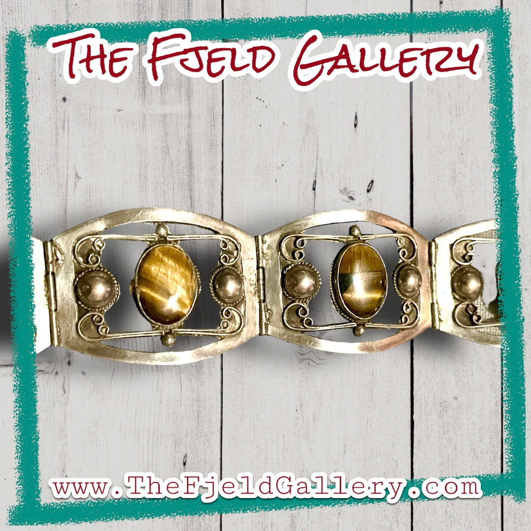 Vintage 1960 Tigers Eye Gemstone Sterling Silver Mexican Panel Bracelet