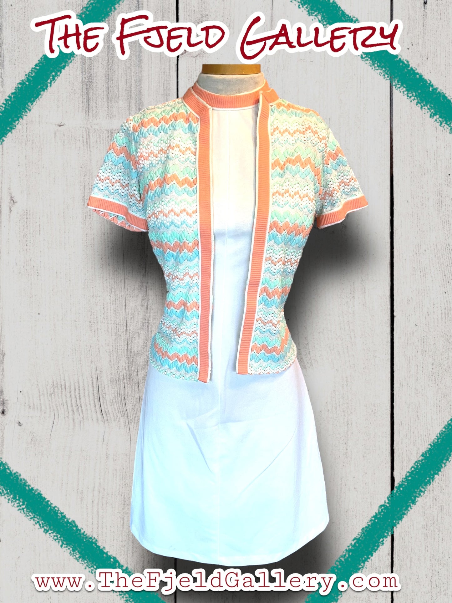 1960’s White, Pastel Pink, Blue & Green Spring Sleeveless Dress & Sweater Set