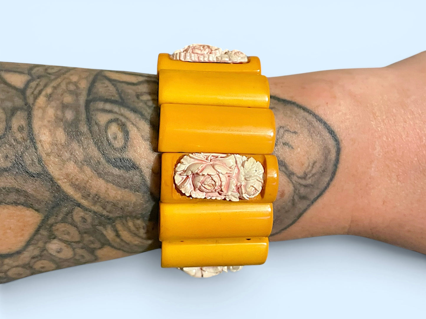 Antique Butterscotch Bakelite & Pink Molded Rose Celluloid Link Stretch Bracelet
