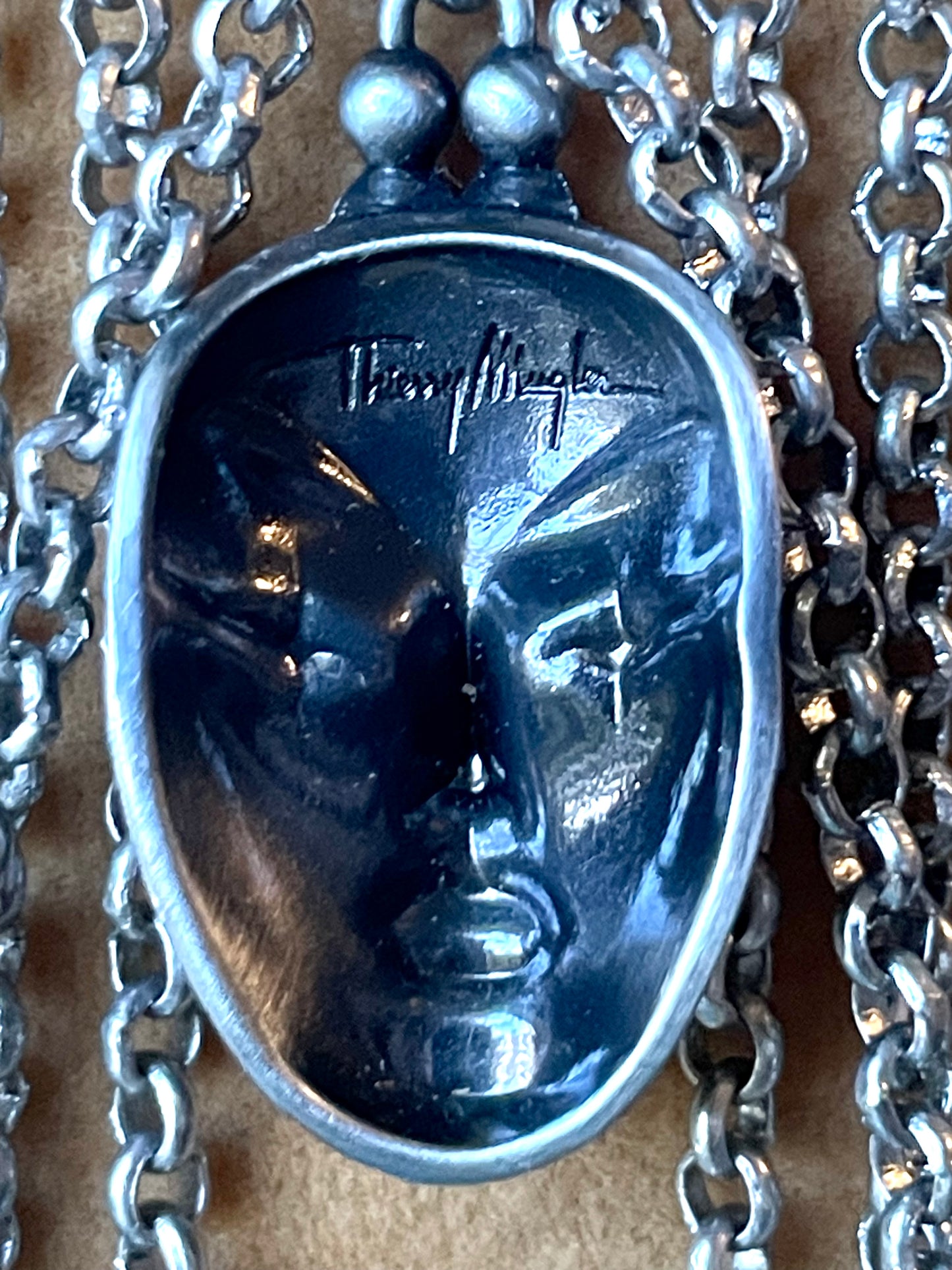 Designer Thierry Mugler Silver Face Fringe Necklace