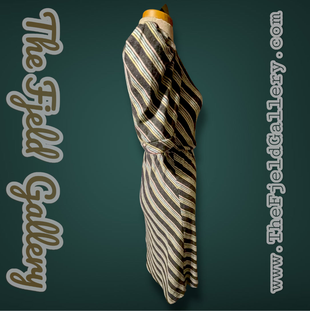 Vintage 1980’s Knit Grey & Pastel Pink, Blue, & Yellow Striped Dress