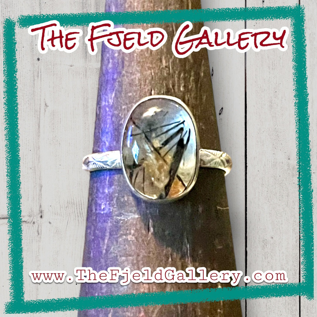 Handmade Rutile Gold & Black Quartz Sterling Ring