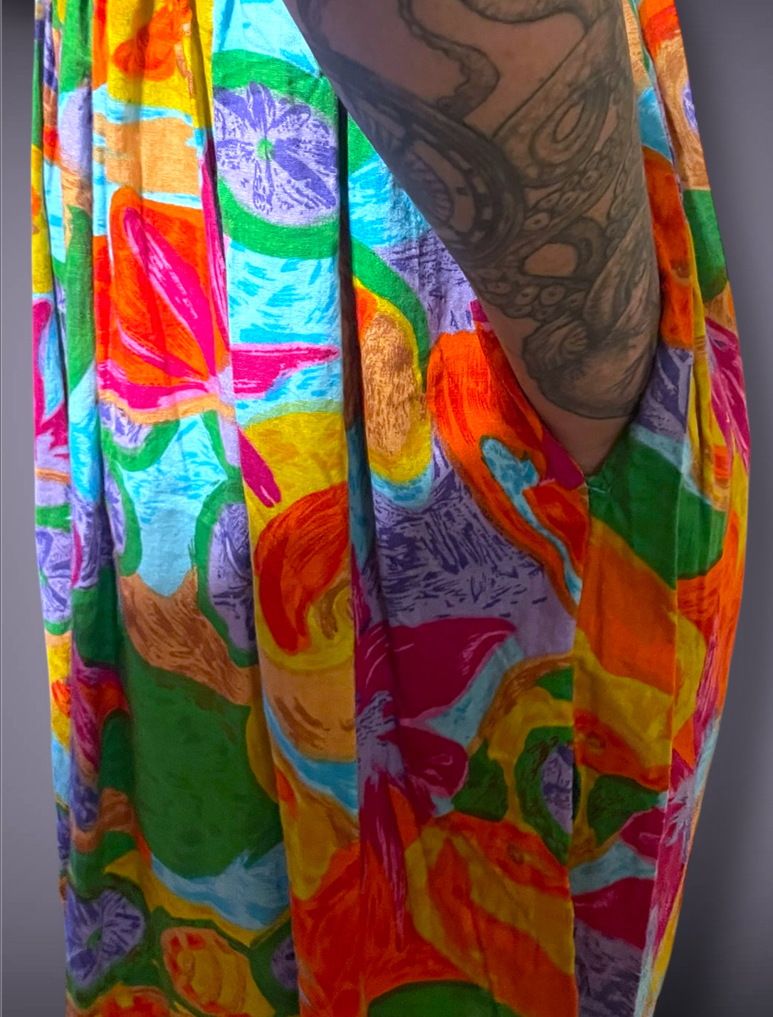 1990’s Bright Rainbow Flower & Fruit Pattern Button Bust Pocket Dress