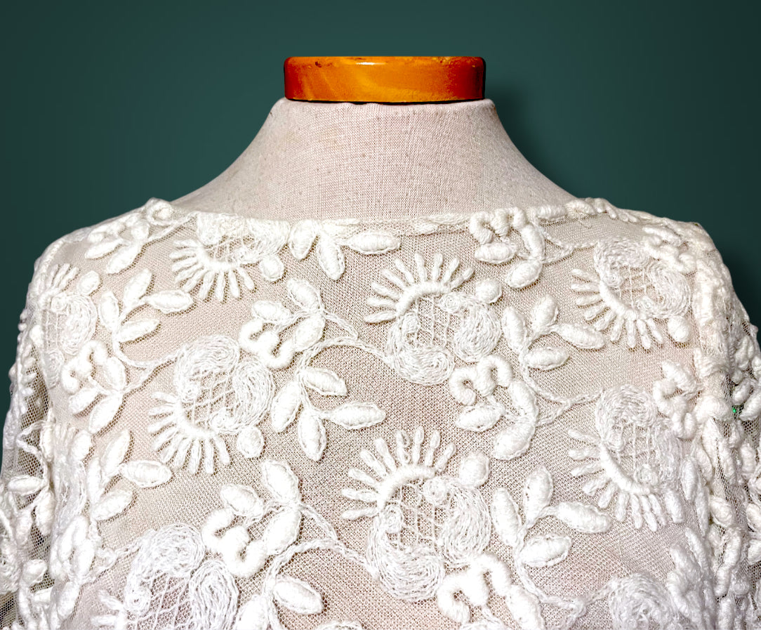 1960’s Embroidered Ivory Lace Mod Short Dress with Bell Bottom Sleeves