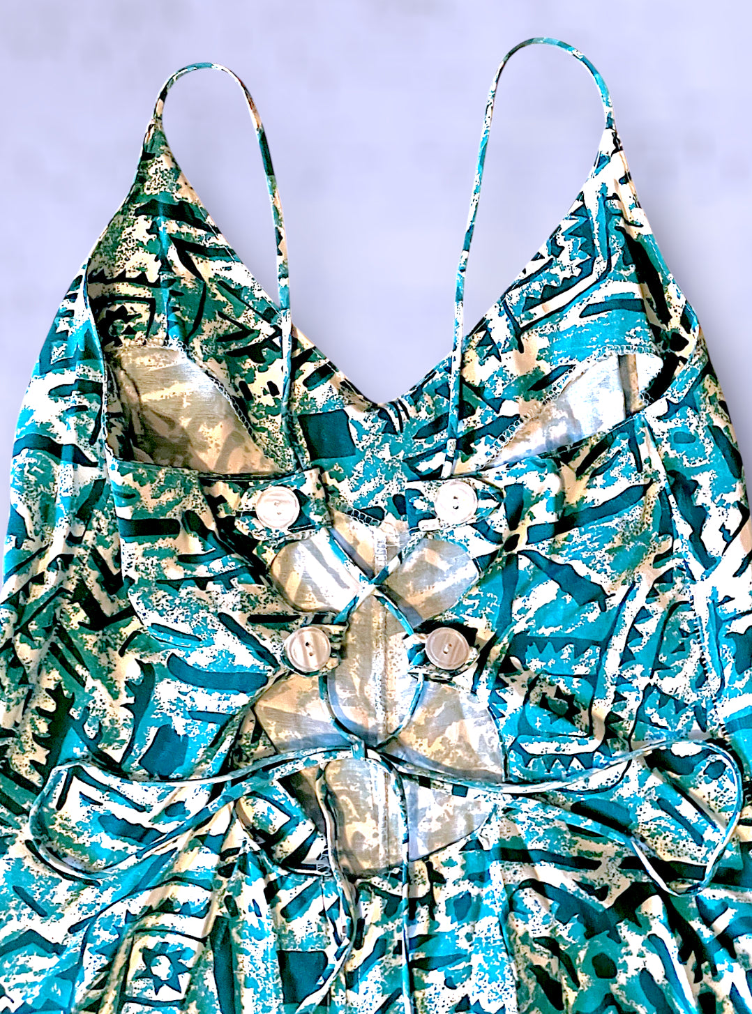 Vintage Turquoise, Teal Blue & White Patterned Low Tie Back Tank Jumpsuit