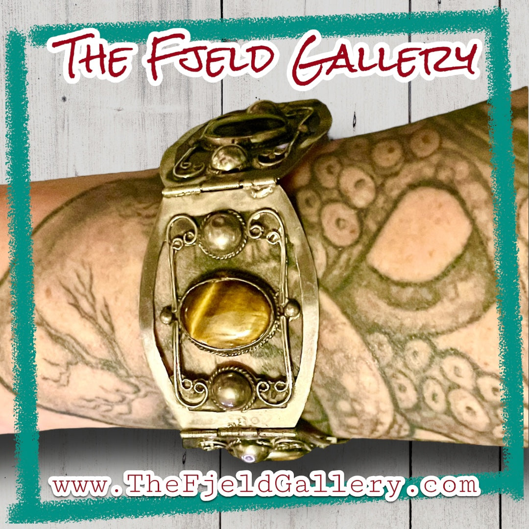 Vintage 1960 Tigers Eye Gemstone Sterling Silver Mexican Panel Bracelet