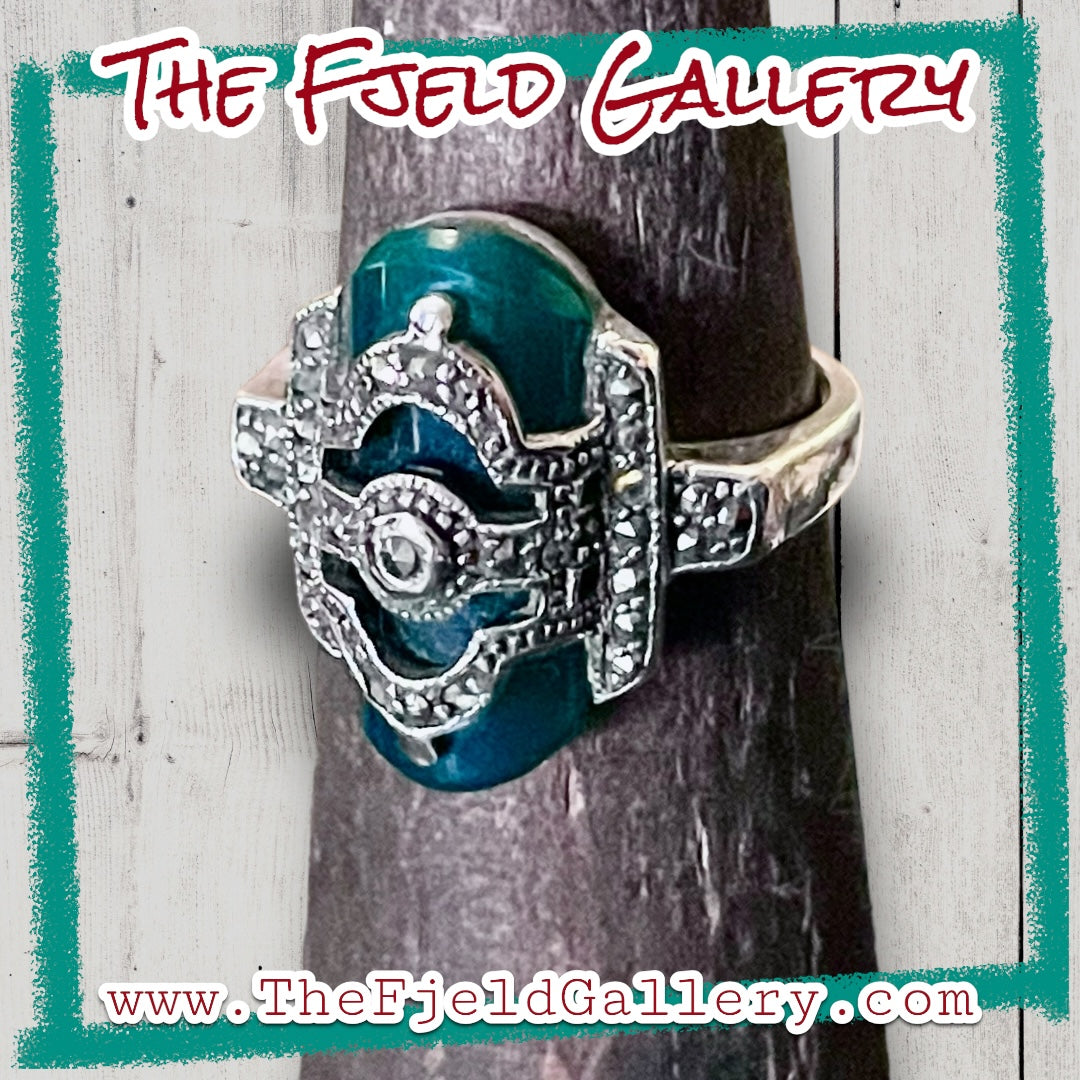 Chrysoprase Unique Art Deco Sterling Silver & Marcasite Overlay Ring