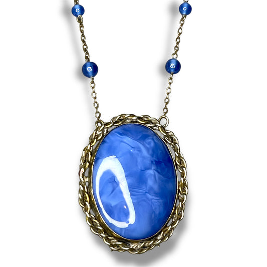 Art Nouveau Czech Blue Marbled Art Glass Pendant Necklace