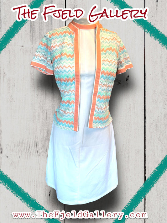 1960’s White, Pastel Pink, Blue & Green Spring Sleeveless Dress & Sweater Set