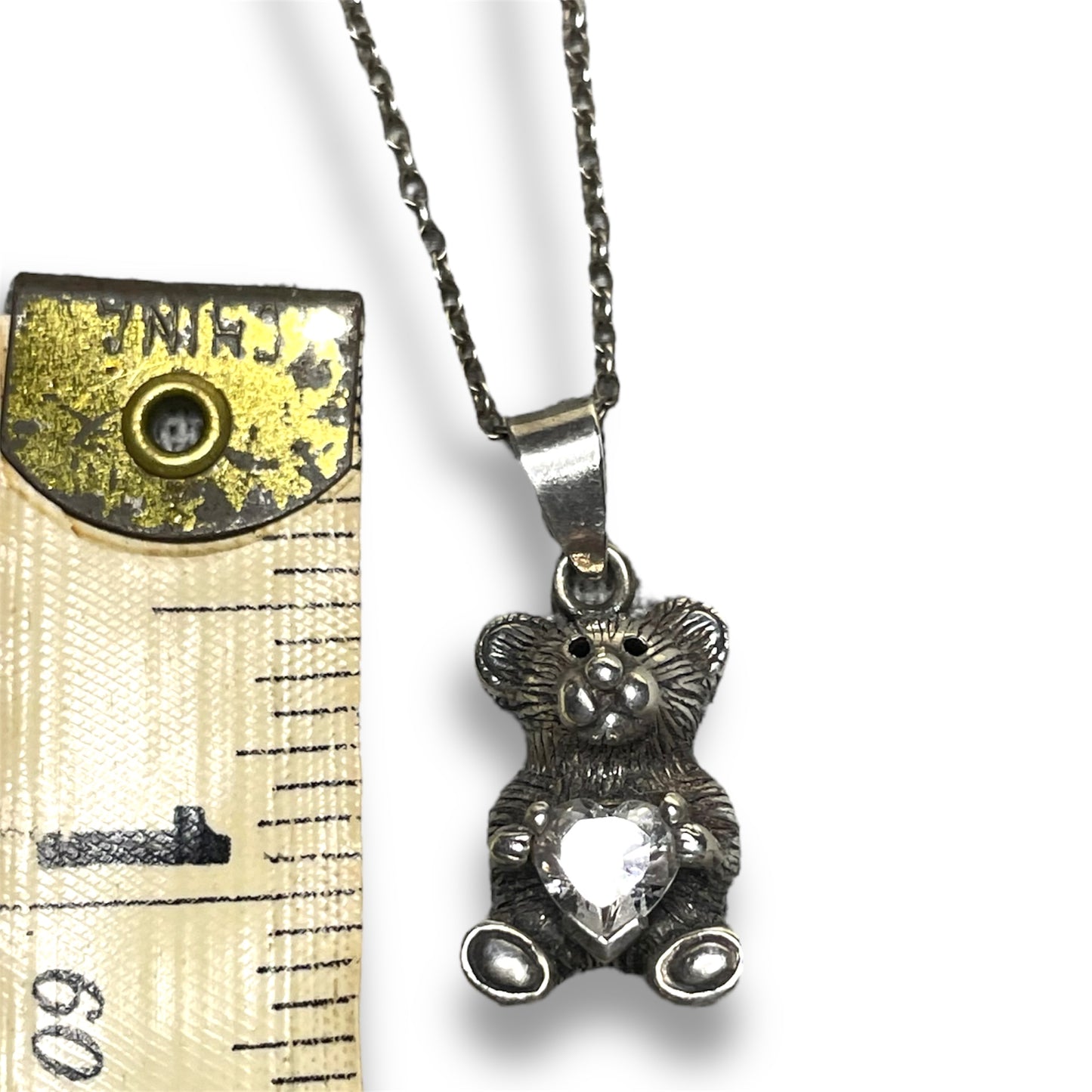 Sterling Silver Teddy Bear Holding Quartz Gemstone Heart Necklace Pendant Charm
