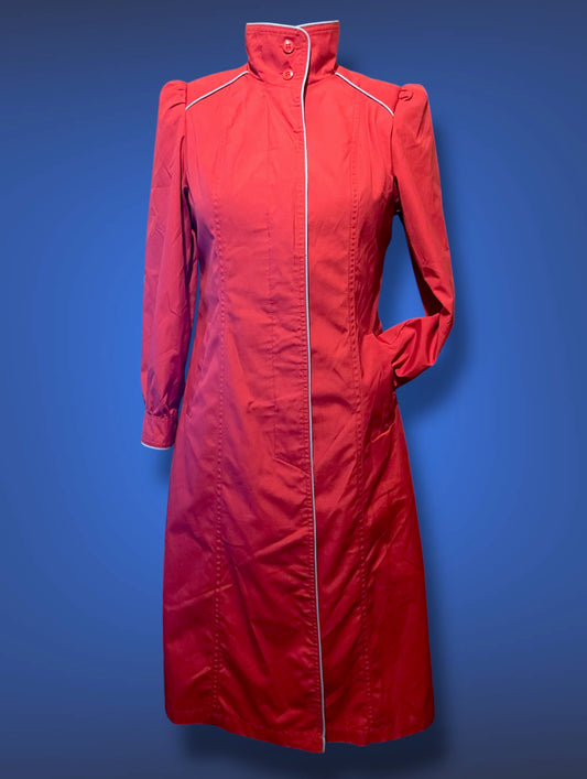 Vintage 1970’s Magenta Pink Long Trench Coat with Grey Piping Mod Detail