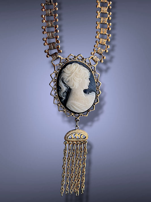 Victorian Gold Book Link Chain Black & Cream Mourning Cameo Designer Signed Necklace