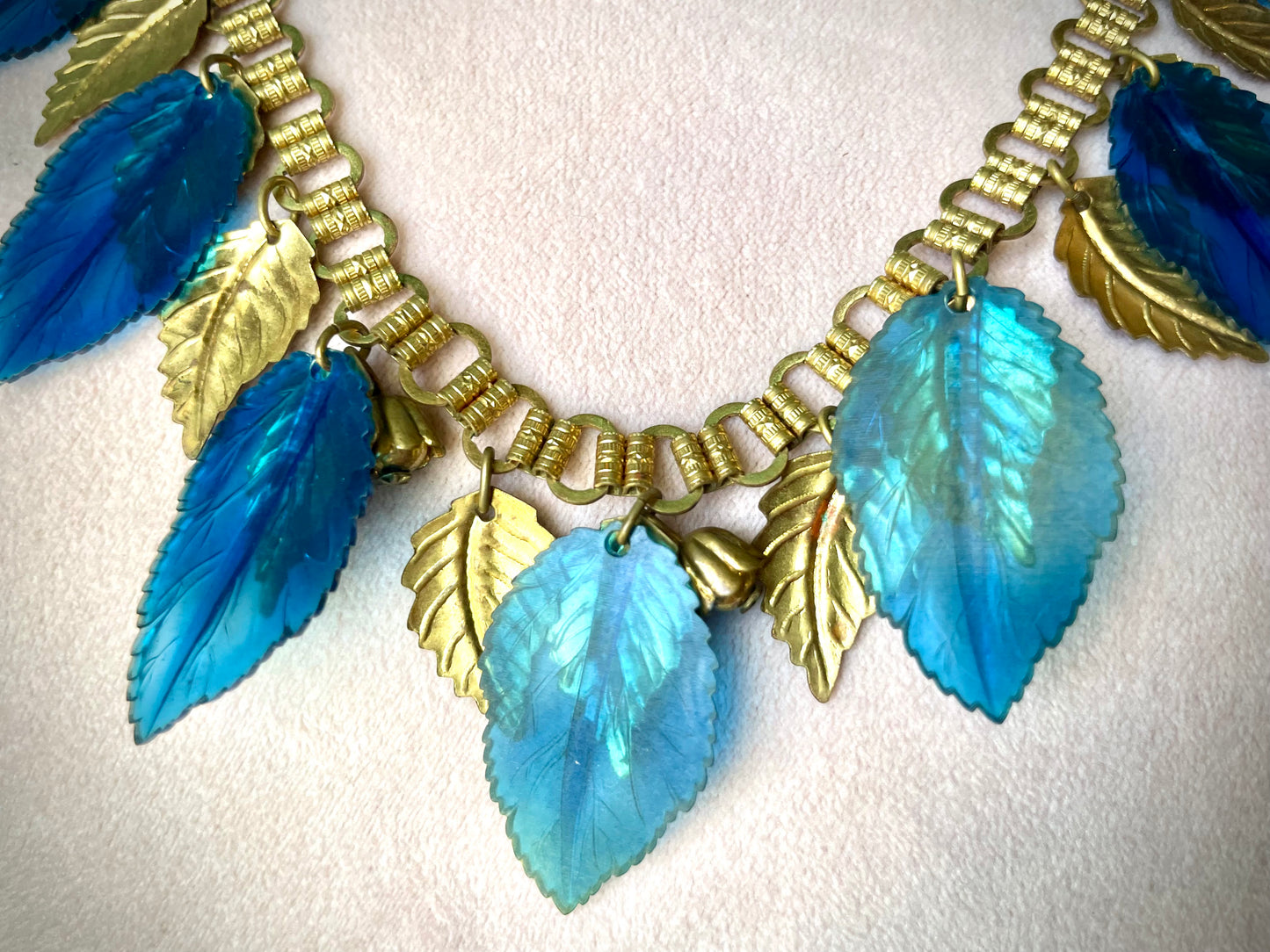 Miriam Haskell Embossed Brass & Turquoise Translucent Early Plastic Leaf & Bell Victorian Booklink Choker Necklace