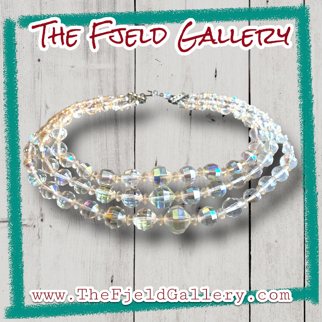 1950’s Hollywood Regency Aurora Borealis Crystal 3 Strand Necklace & Earring Set