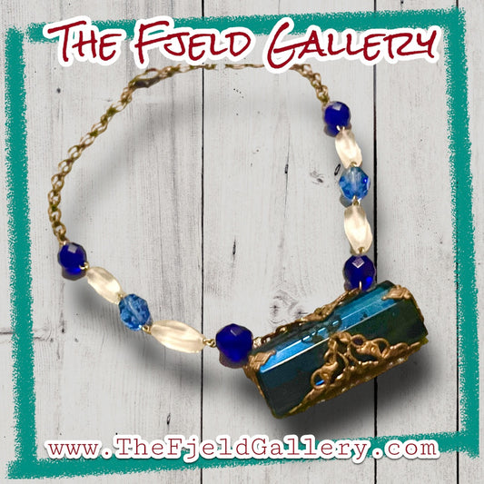 Vintage Art Nouveau Blue Sapphire Art Glass Brass Filigree Beaded Necklace