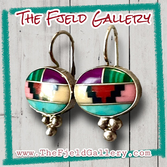 Native American Sterling Silver Turquoise, Coral, Malachite, Yellow Jasper, Black & Purple Onyx Geometric Dangle Earrings