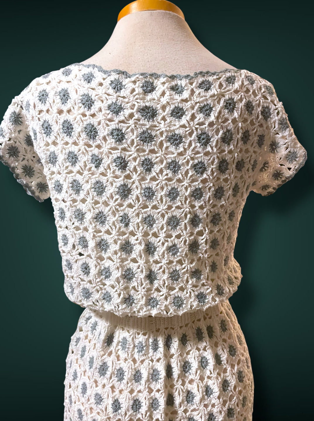1970’s Vintage White & Gray Crochet Knit Floral Bow Waist Dress