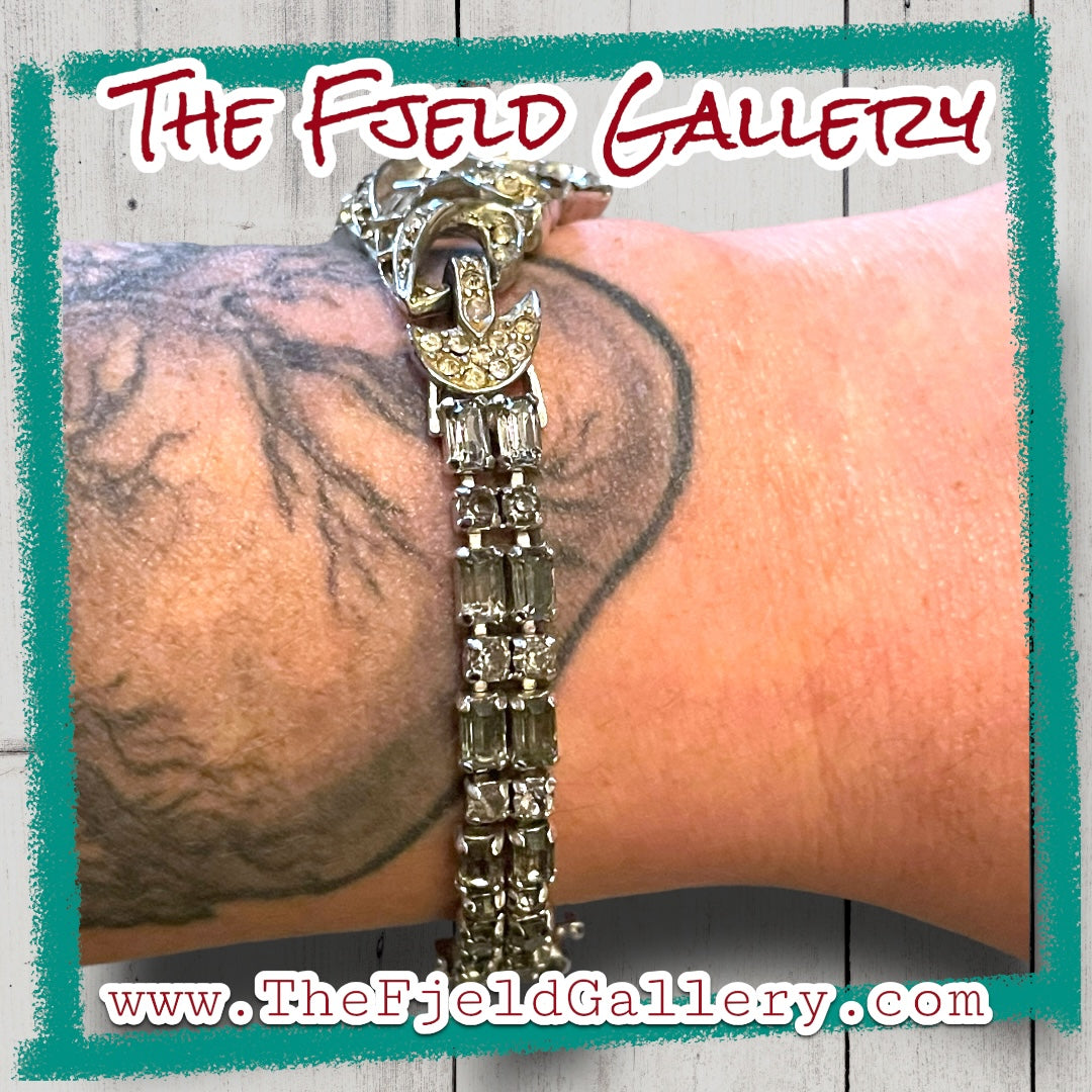 Hollywood Regency Marboux Designer Numbered Silver Crown Crystal Rhinestone Bracelet