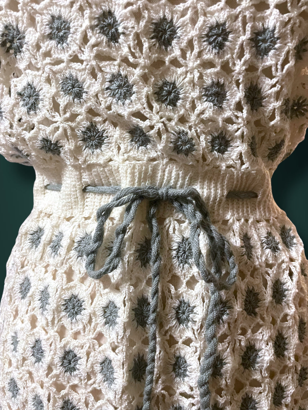 1970’s Vintage White & Gray Crochet Knit Floral Bow Waist Dress