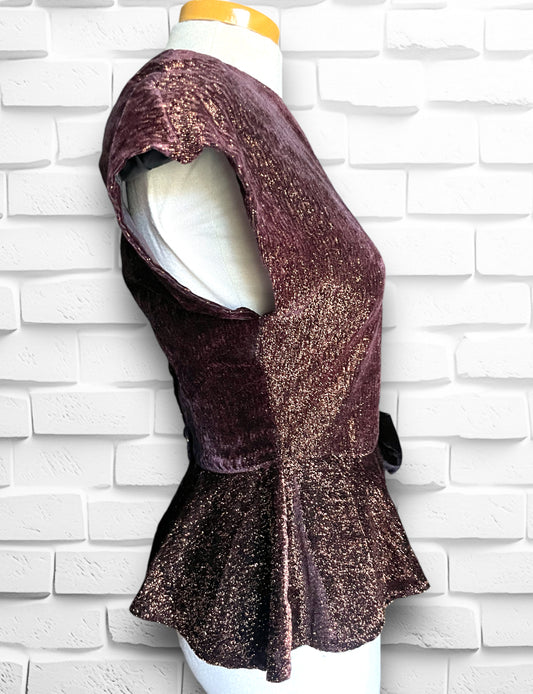 1980 Copper Metallic Peplum Blouse w/ Velvet Bow, Keyhole Back & Black Buttons