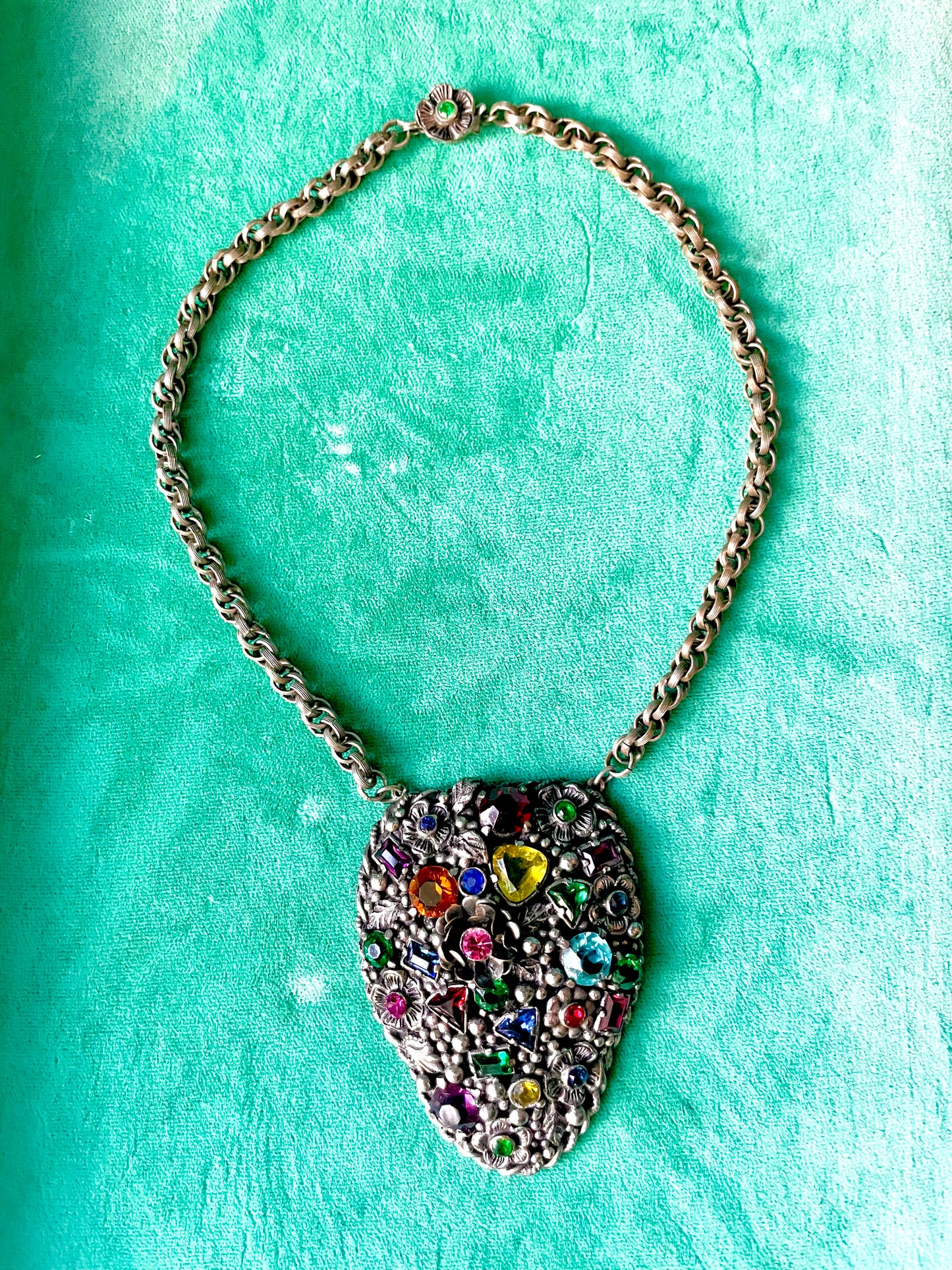 Incredible Fruit Salad Multicolor Rainbow Crystal Floral Art Nouveau Pendant Necklace