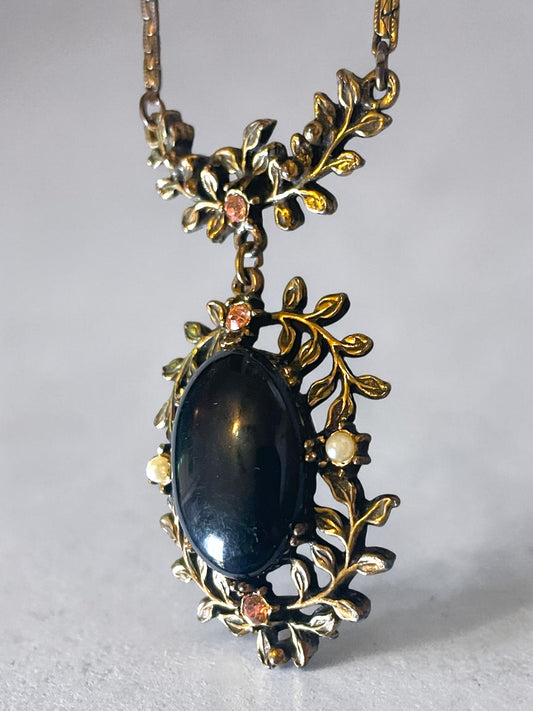 Art Nouveau Brass Leaf Garland Black Art Glass, Pink Crystal & Pearl Necklace